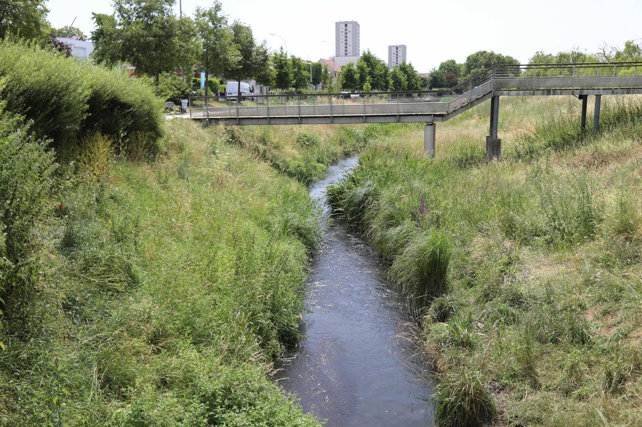 View of the Bièvre river with buildings in the distance, the river was once completely covered over. Now, stretches of the river are once again flowing.